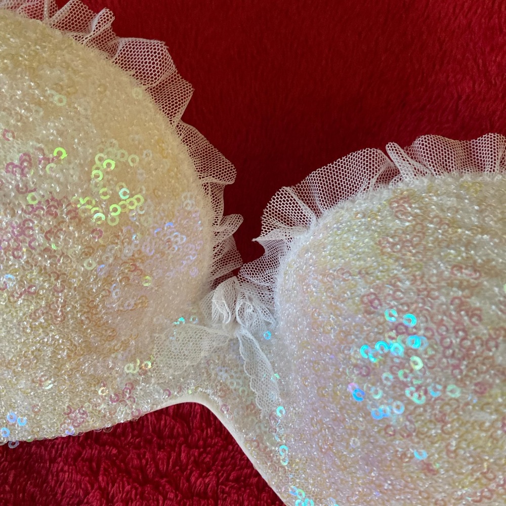Victoria’s Secret White Iridescent Sequins Bra with Toole Trim - 34C